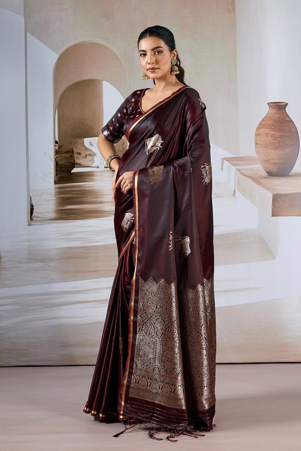 Maroon Pure Soft Satin Pichwai Handloom Weaving Saree ##color## Japan Satin Saree with premium fabric and embroidery