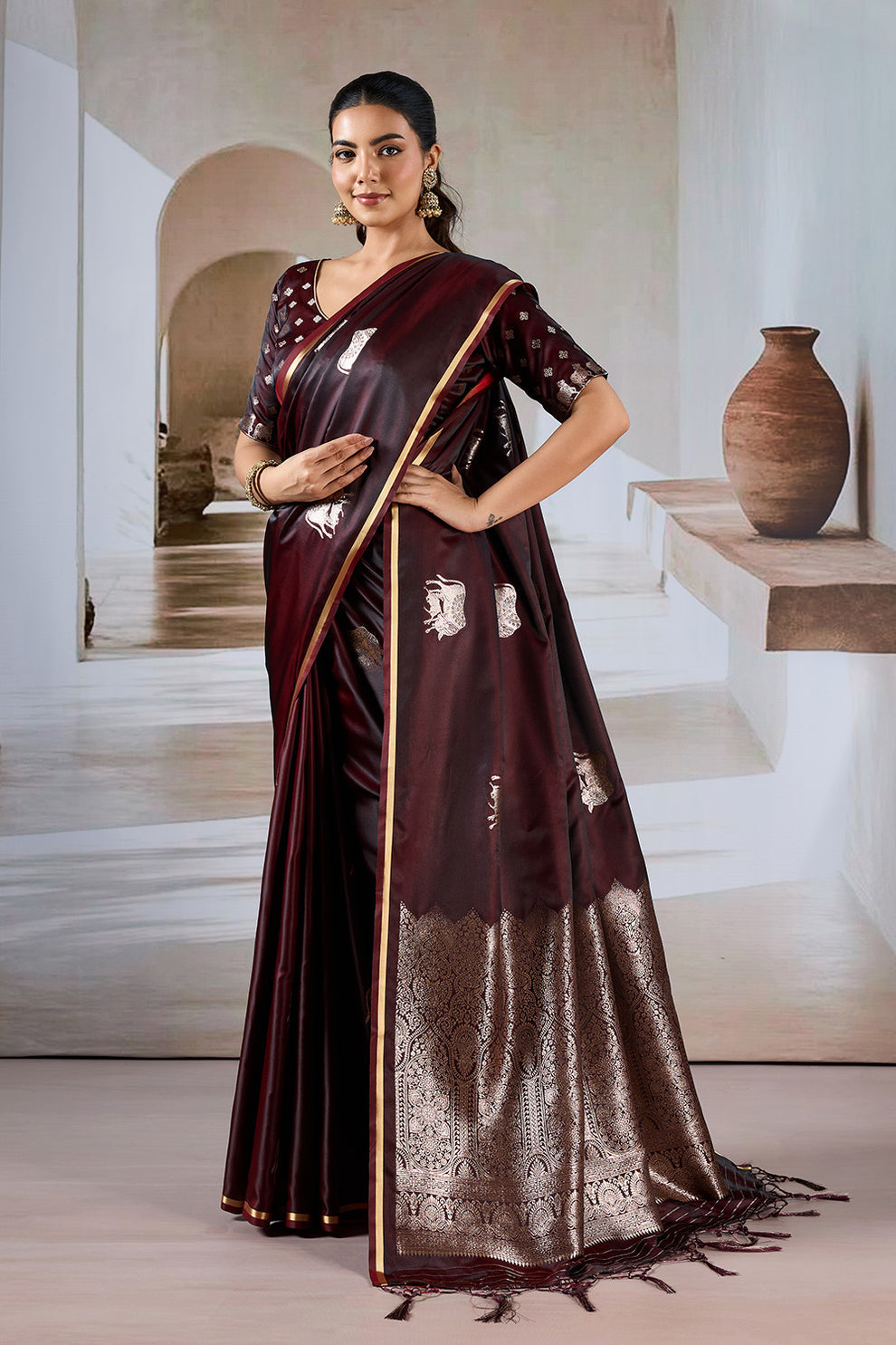 Maroon Pure Soft Satin Pichwai Handloom Weaving Saree ##color## Japan Satin Saree with premium fabric and embroidery