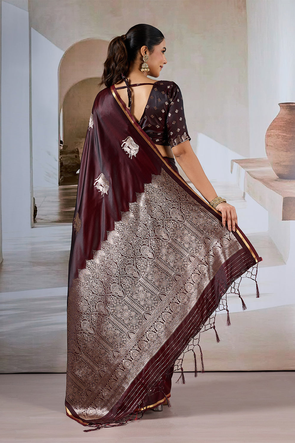 Maroon Pure Soft Satin Pichwai Handloom Weaving Saree ##color## Japan Satin Saree with premium fabric and embroidery