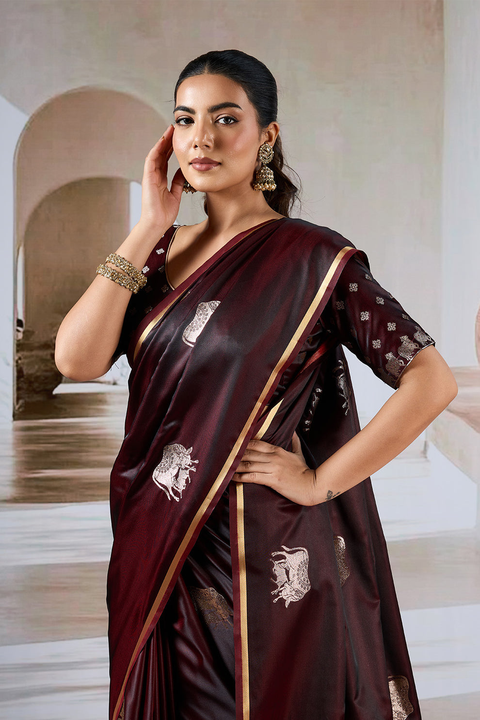 Maroon Pure Soft Satin Pichwai Handloom Weaving Saree ##color## Japan Satin Saree with premium fabric and embroidery