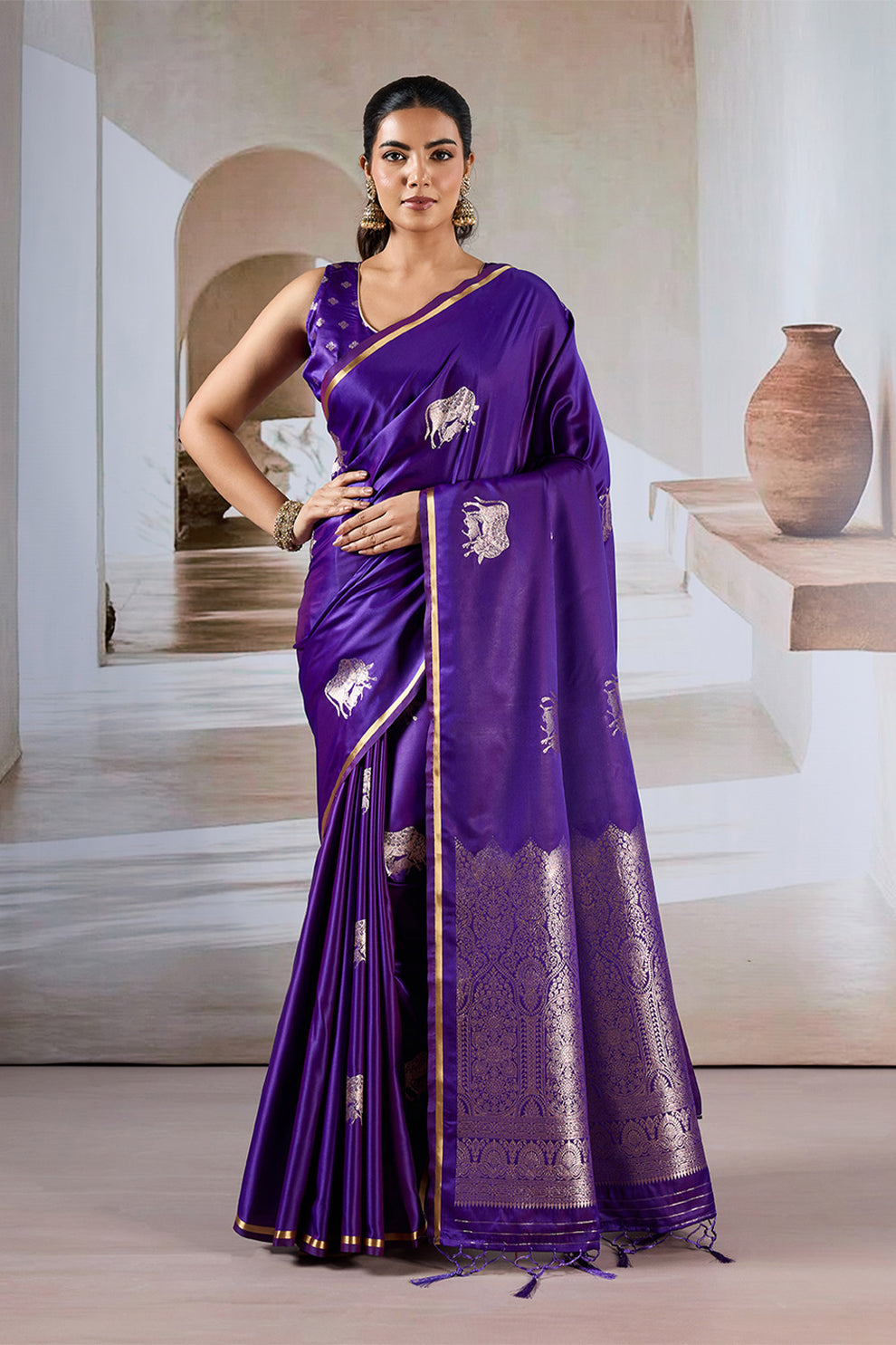 Purple Pure Soft Satin Pichwai Handloom Weaving Saree ##color## Japan Satin Saree with premium fabric and embroidery