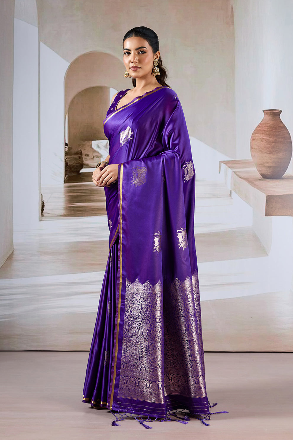 Purple Pure Soft Satin Pichwai Handloom Weaving Saree ##color## Japan Satin Saree with premium fabric and embroidery