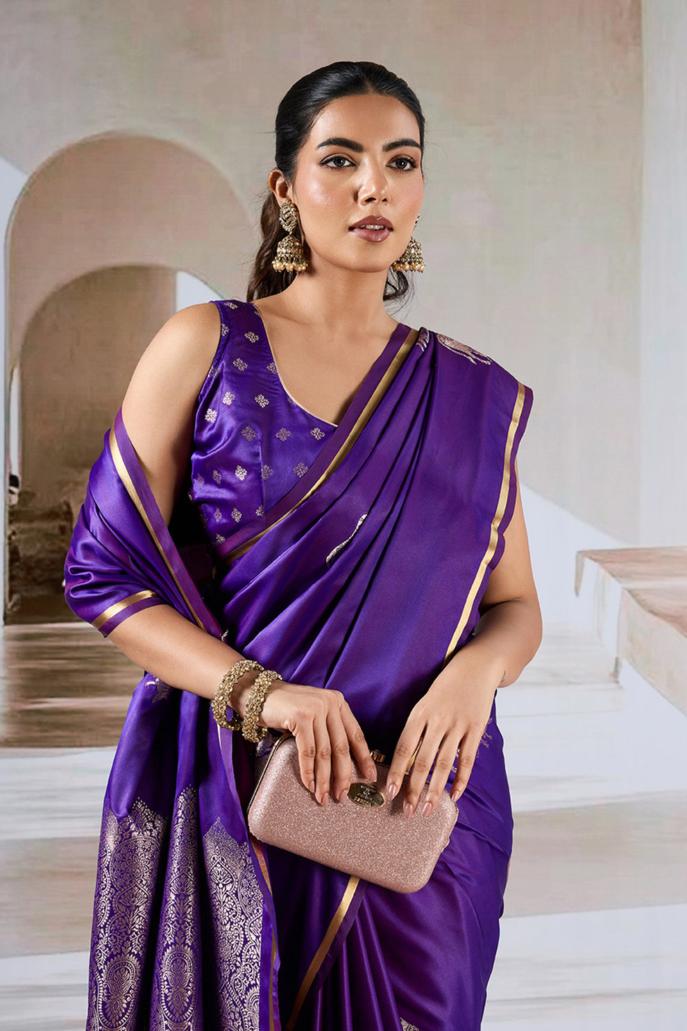 Purple Pure Soft Satin Pichwai Handloom Weaving Saree ##color## Japan Satin Saree with premium fabric and embroidery
