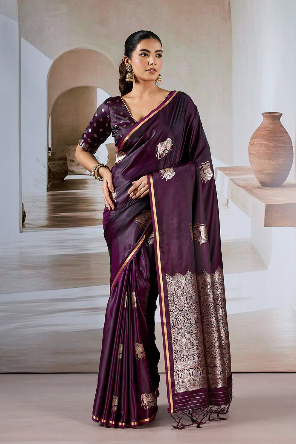 Wine Pure Soft Satin Pichwai Handloom Weaving Saree 