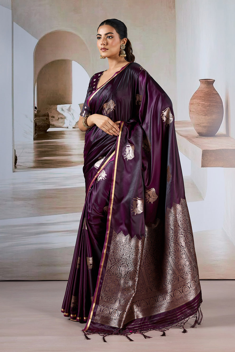 Wine Pure Soft Satin Pichwai Handloom Weaving Saree 
