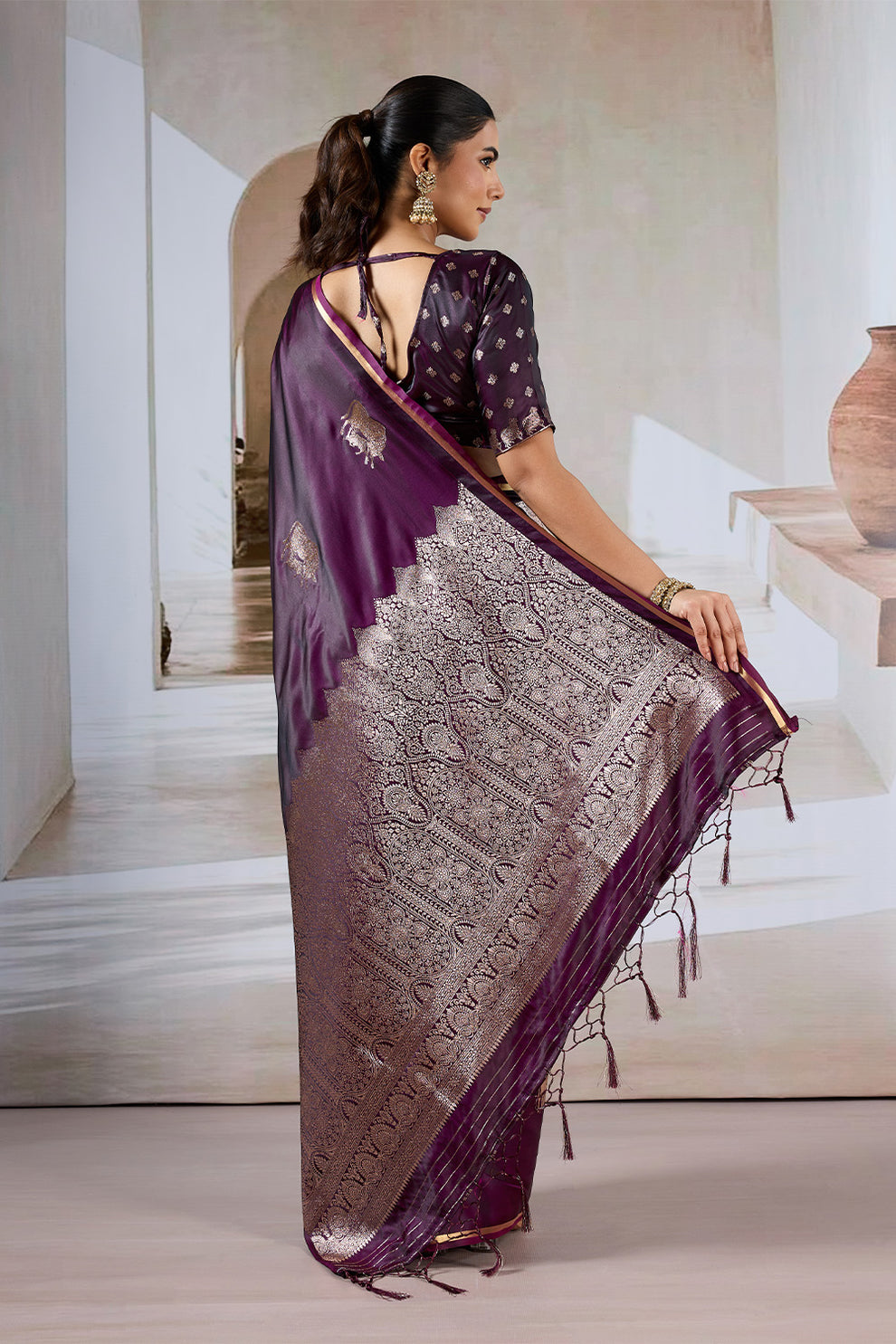 Wine Pure Soft Satin Pichwai Handloom Weaving Saree 