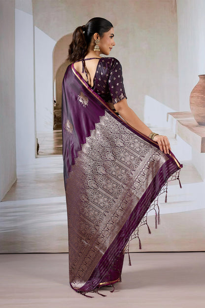 Wine Pure Soft Satin Pichwai Handloom Weaving Saree 
