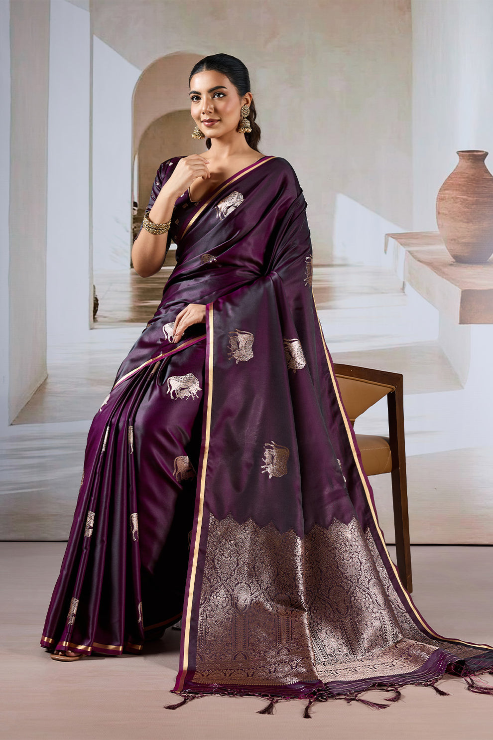 Wine Pure Soft Satin Pichwai Handloom Weaving Saree 