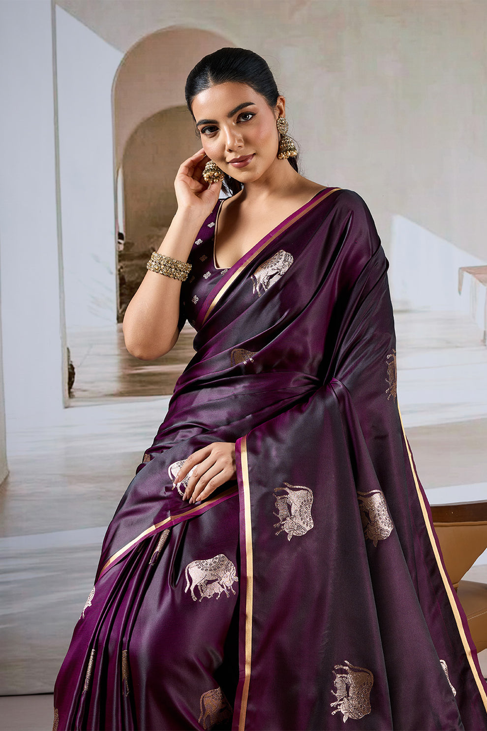 Wine Pure Soft Satin Pichwai Handloom Weaving Saree 