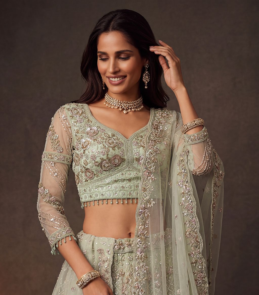 Sky Blue Pure Soft Heavy Double Net Crafted Fancy Chapat Zari Work Bridal Lehenga Choli