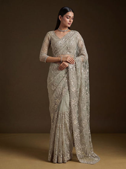 Beige Pure Premium Net Handwork Kasti &amp; Motif Zari Metallic Sequins Work Wedding Saree