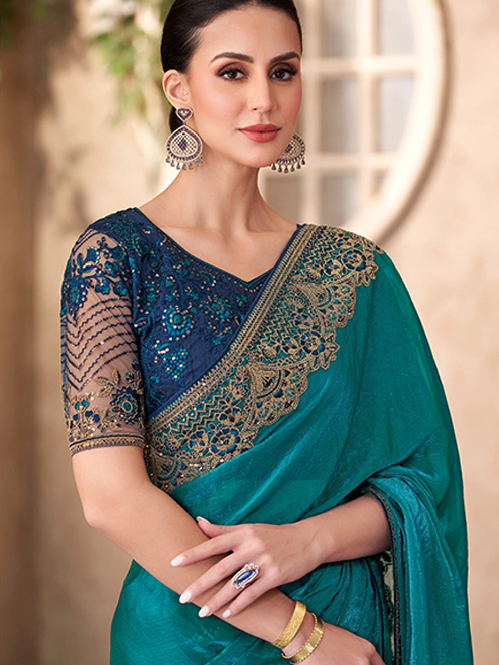 Peacock Blue Pure Georgette Chiffon With Embroidery Sequins Saree 