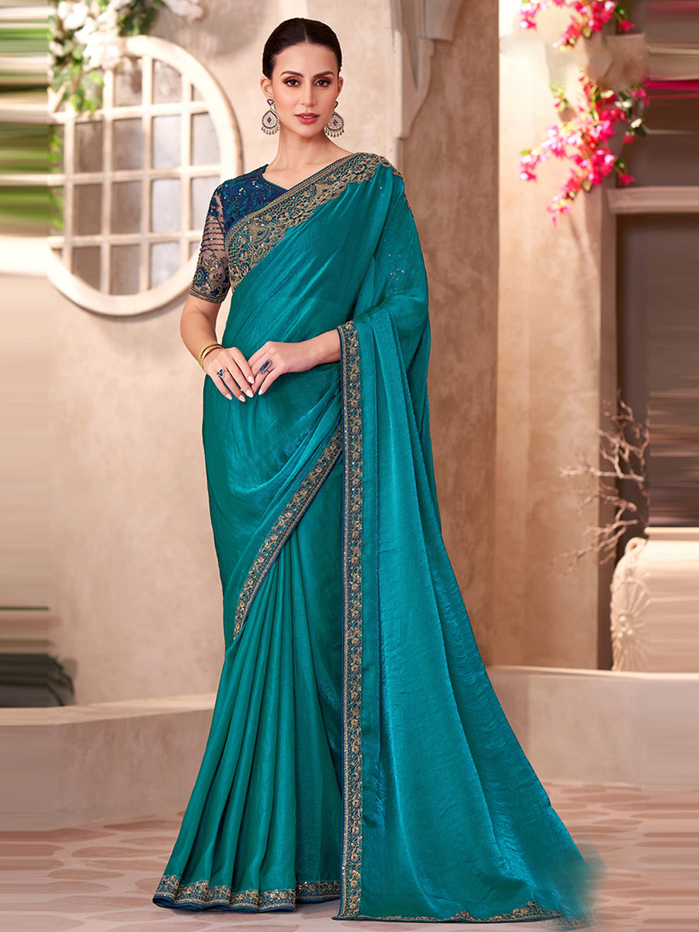 Peacock Blue Pure Georgette Chiffon With Embroidery Sequins Saree ##color## Georgette Saree with premium fabric and embroidery