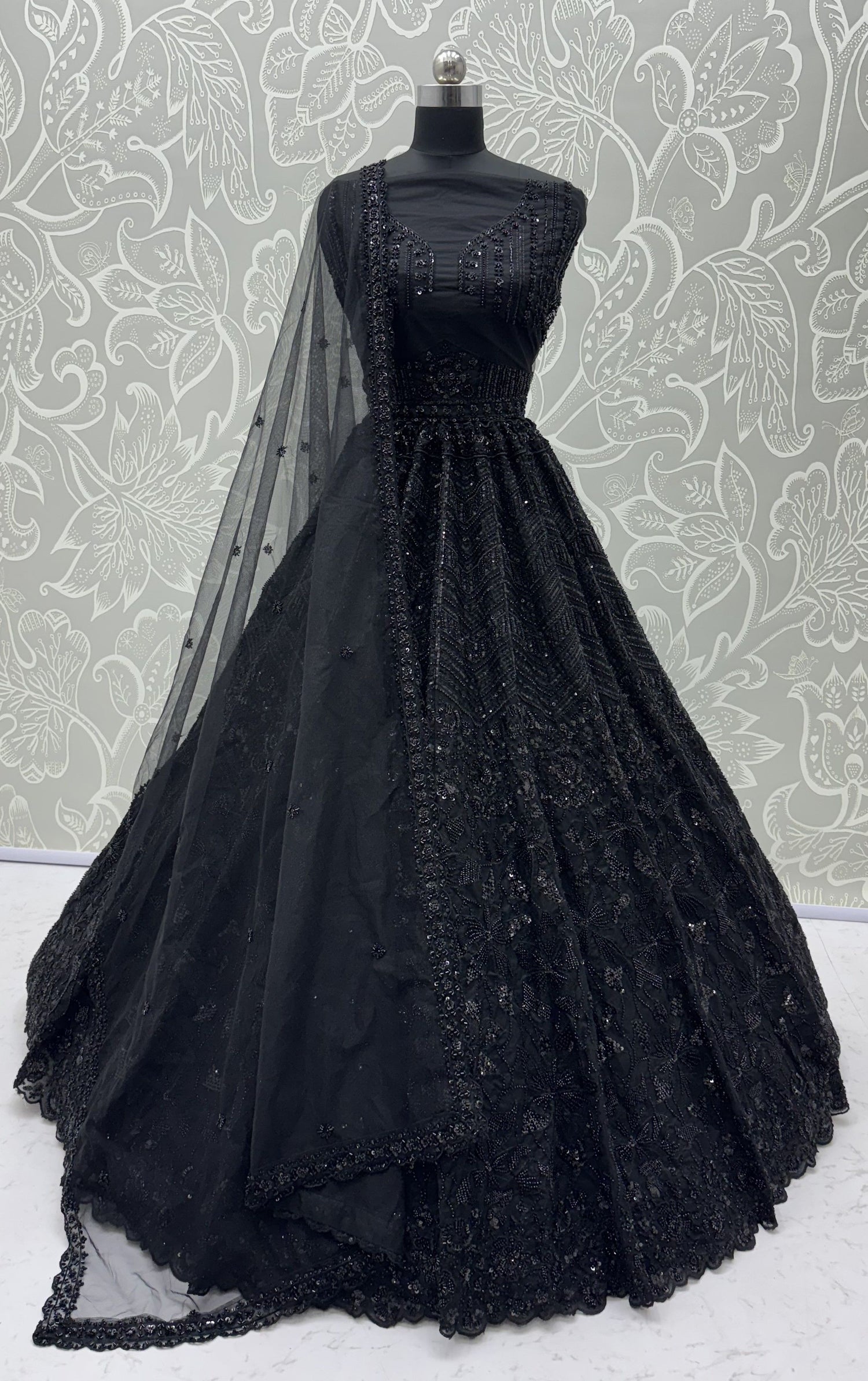 Z Black Pure Heavy Net Monochrome Sequins Zari Embroidery Work Net Bridal Lehenga Choli