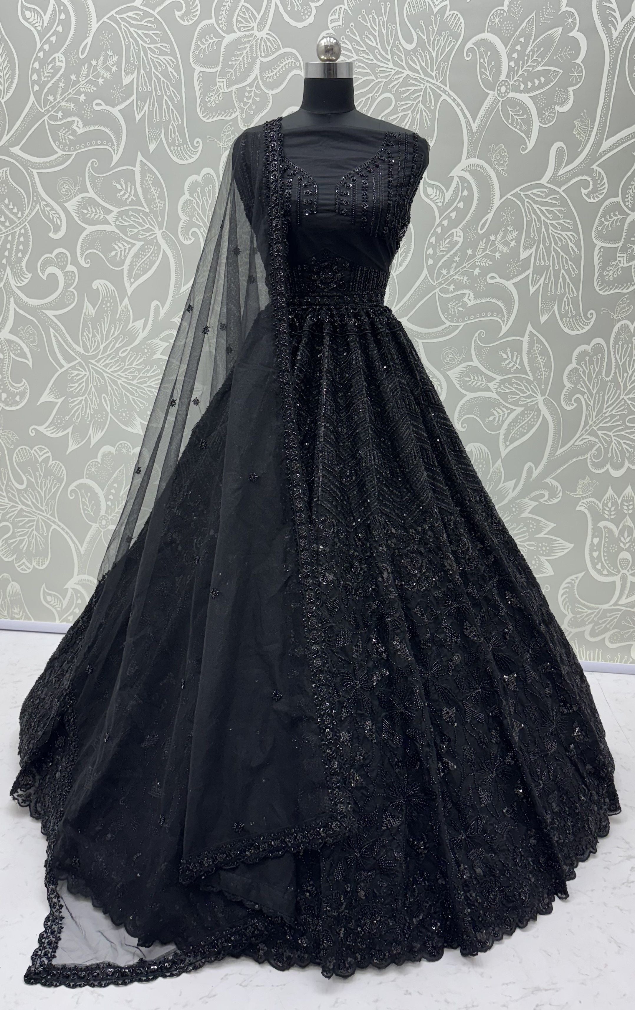 Z Black Pure Heavy Net Monochrome Sequins Zari Embroidery Work Net Bridal Lehenga Choli