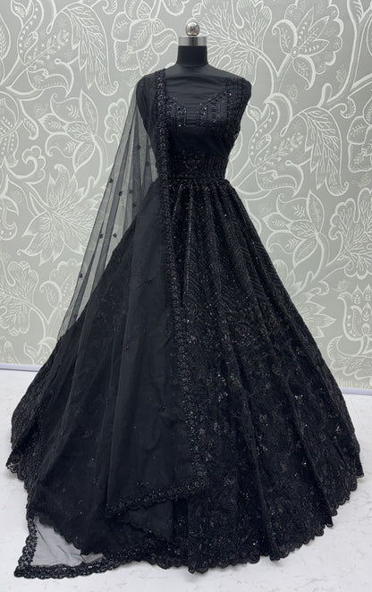 Z Black Pure Heavy Net Monochrome Sequins Zari Embroidery Work Net Bridal Lehenga Choli