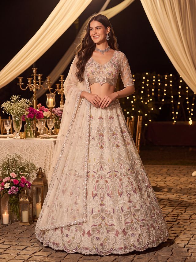 White Pure Heavy Net Motif Handwork Zari Sequins Work Bridal Lehenga Choli