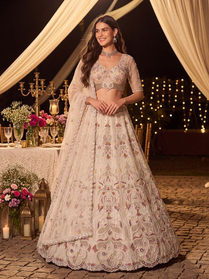 White Pure Heavy Net Motif Handwork Zari Sequins Work Bridal Lehenga Choli