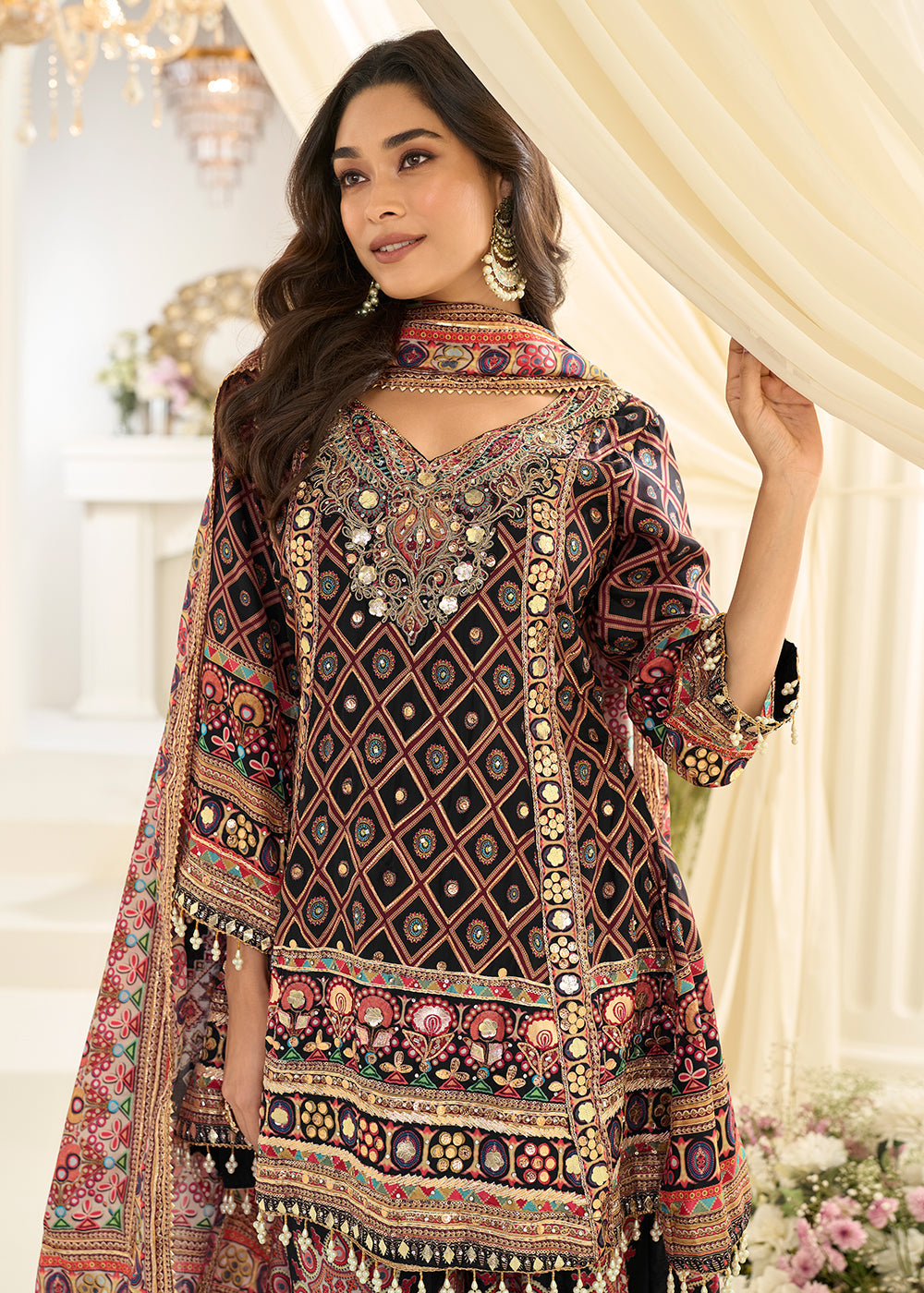 Black Premium Natural Crepe Silk Aari Work Palazzo Suit