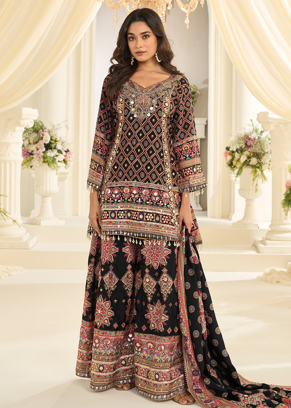 Black Premium Natural Crepe Silk Aari Work Palazzo Suit