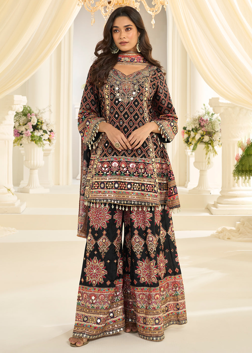 Black Premium Natural Crepe Silk Aari Work Palazzo Suit