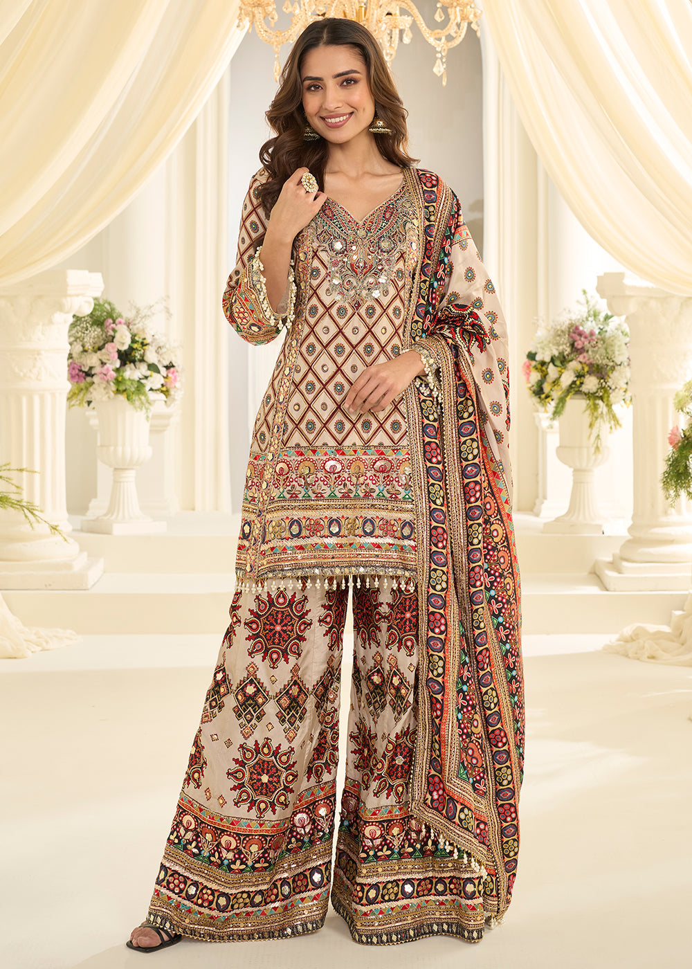 Cream Premium Natural Crepe Silk Printed Palazzo Suit