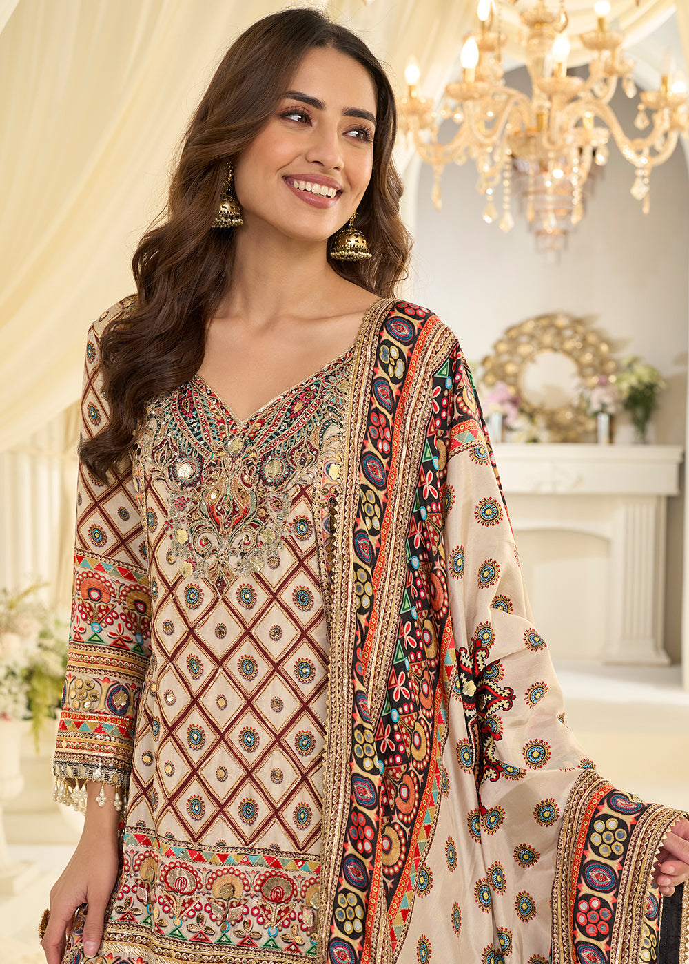 Cream Premium Natural Crepe Silk Printed Palazzo Suit