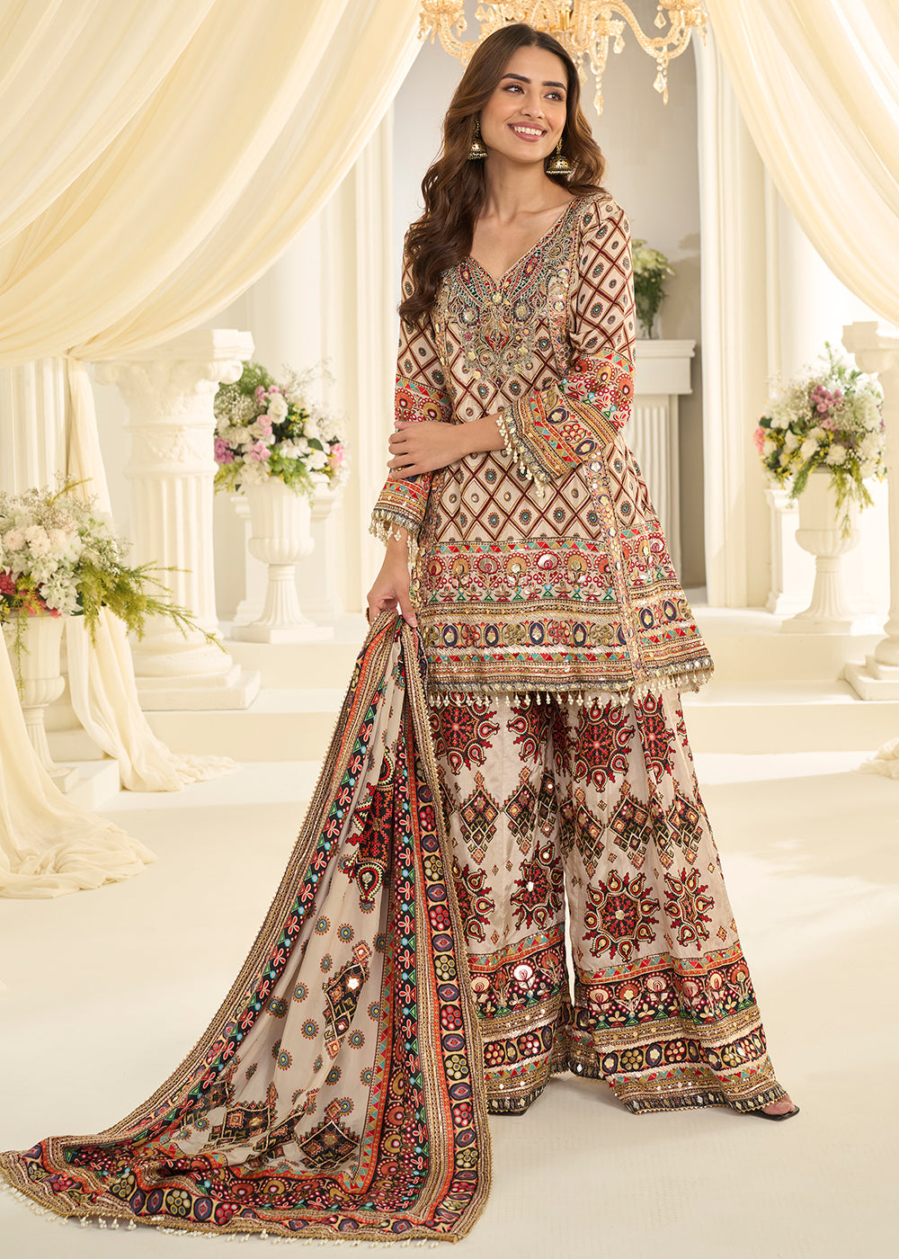 Cream Premium Natural Crepe Silk Printed Palazzo Suit