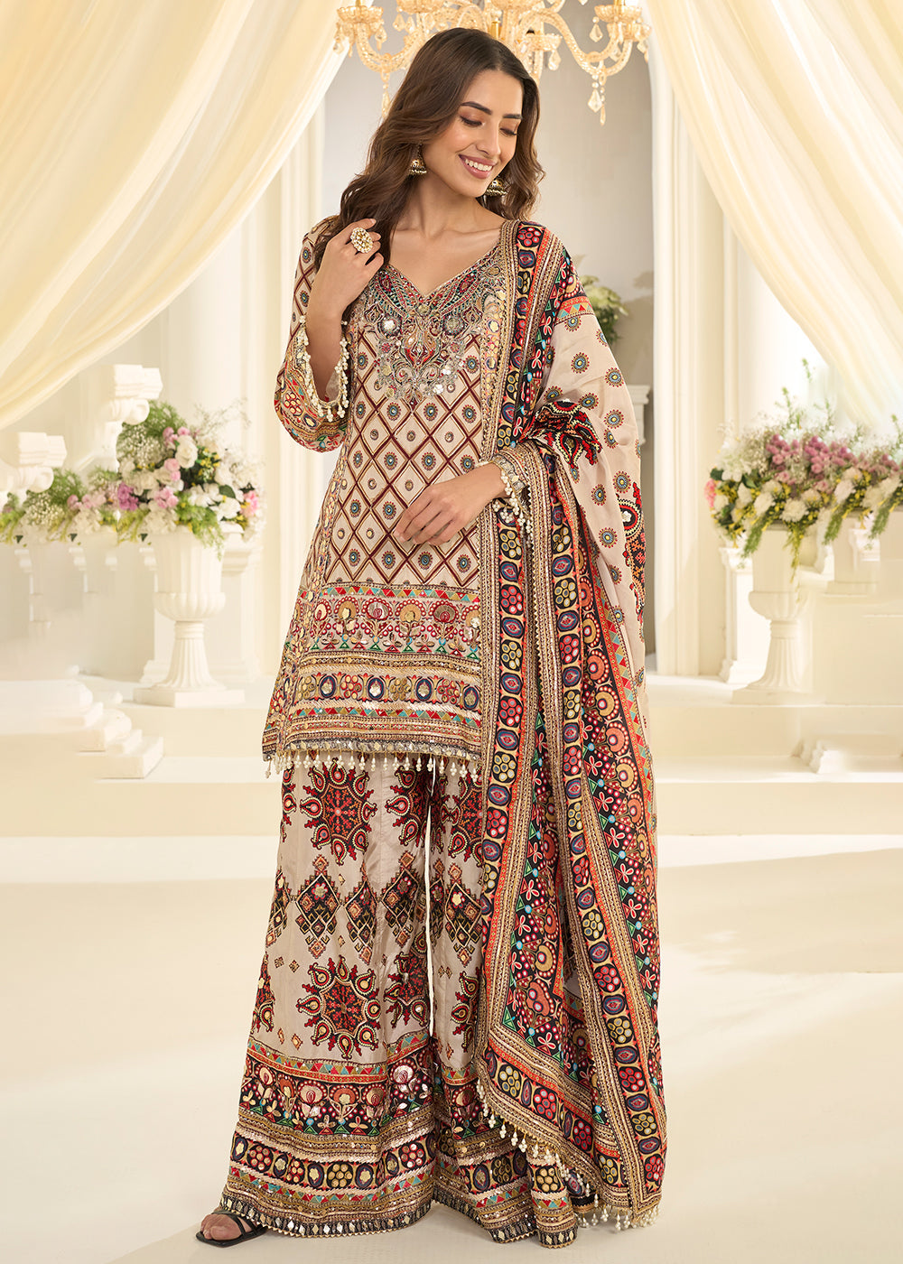 Cream Premium Natural Crepe Silk Printed Palazzo Suit