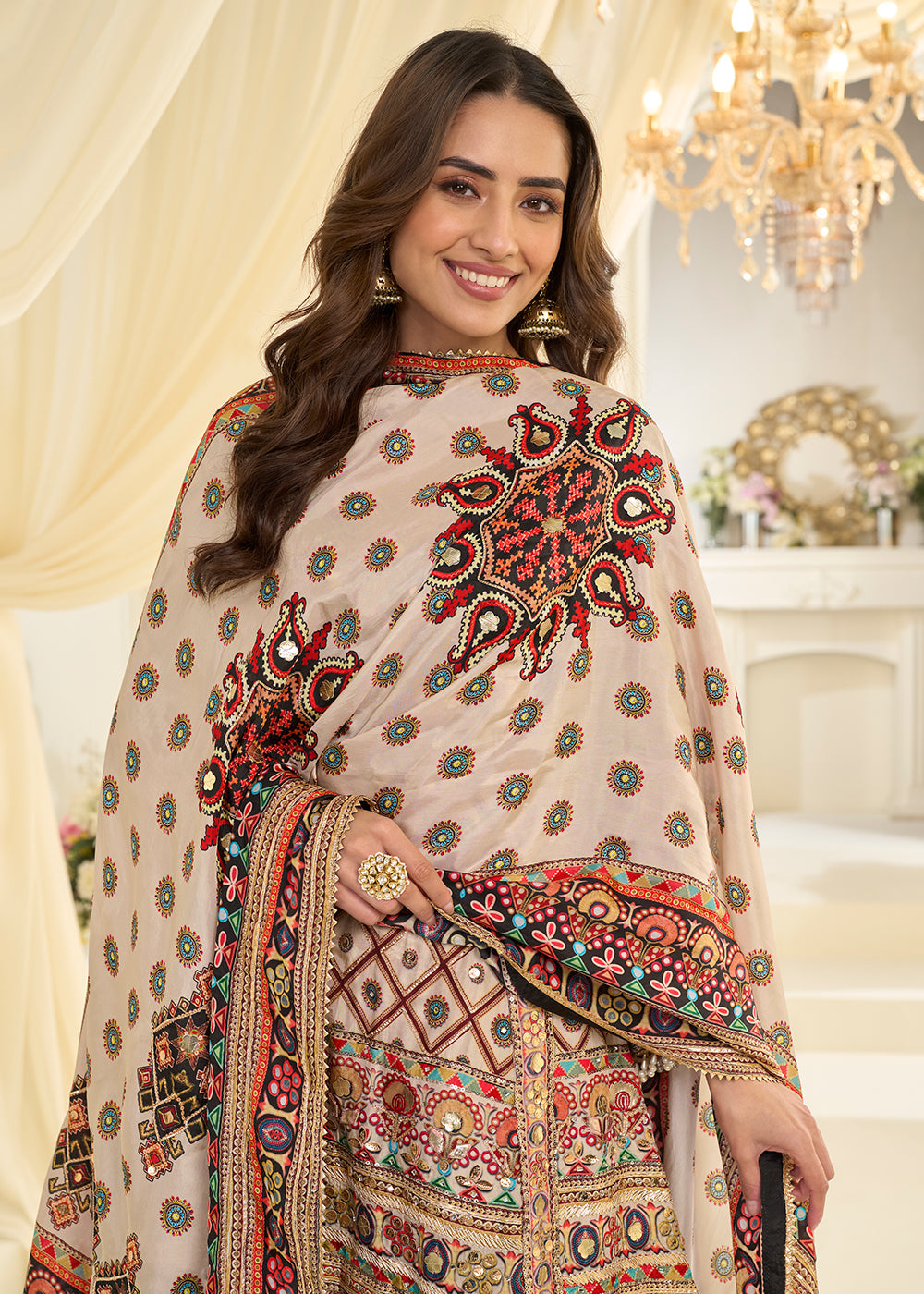 Cream Premium Natural Crepe Silk Printed Palazzo Suit