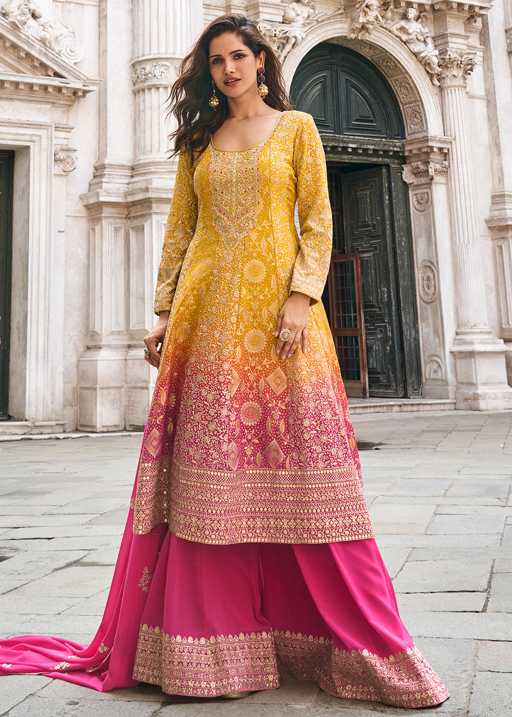 Mustard Yellow & Pink Shaded Jacquard Silk Sharara Suit