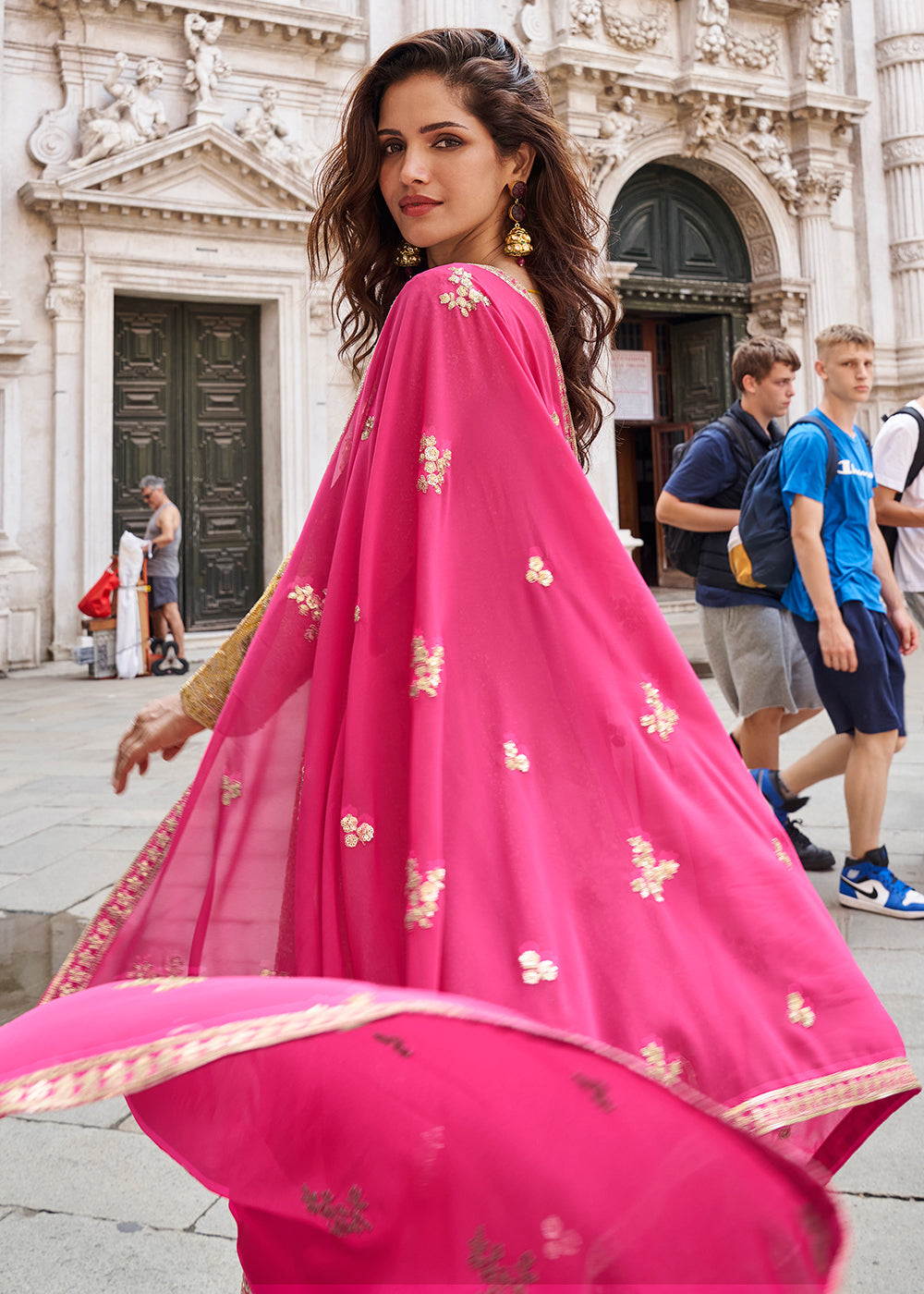 Mustard Yellow & Pink Shaded Jacquard Silk Sharara Suit
