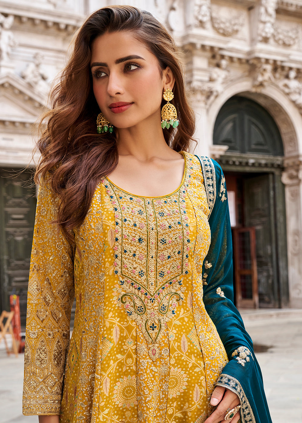 Mustard Yellow & Teal Green Jacquard Silk Sharara Suit
