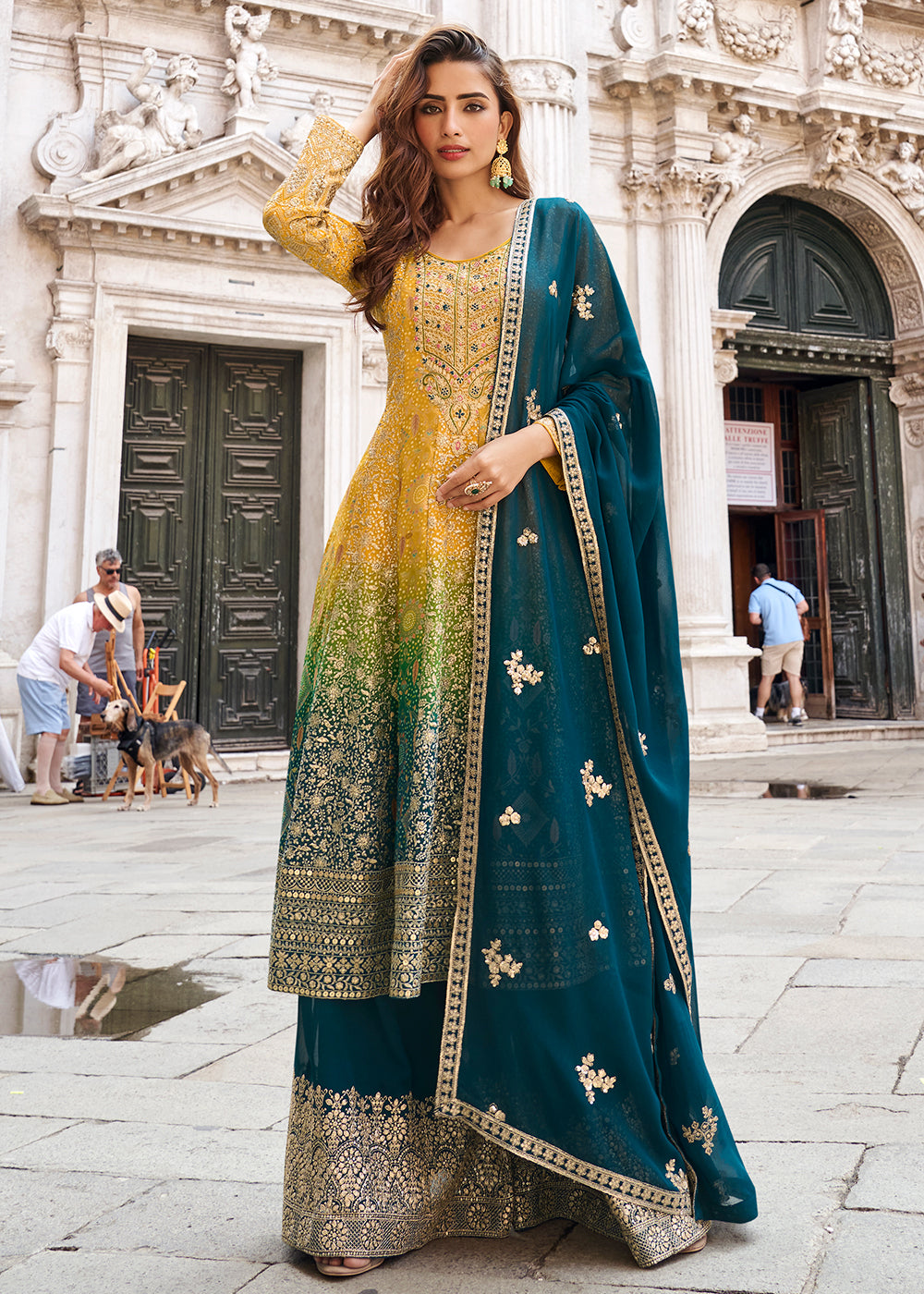 Mustard Yellow &amp; Teal Green Jacquard Silk Sharara Suit