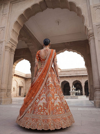 Orange Pure Soft Silk Heavy Embroidery Work Bridal Lehenga 