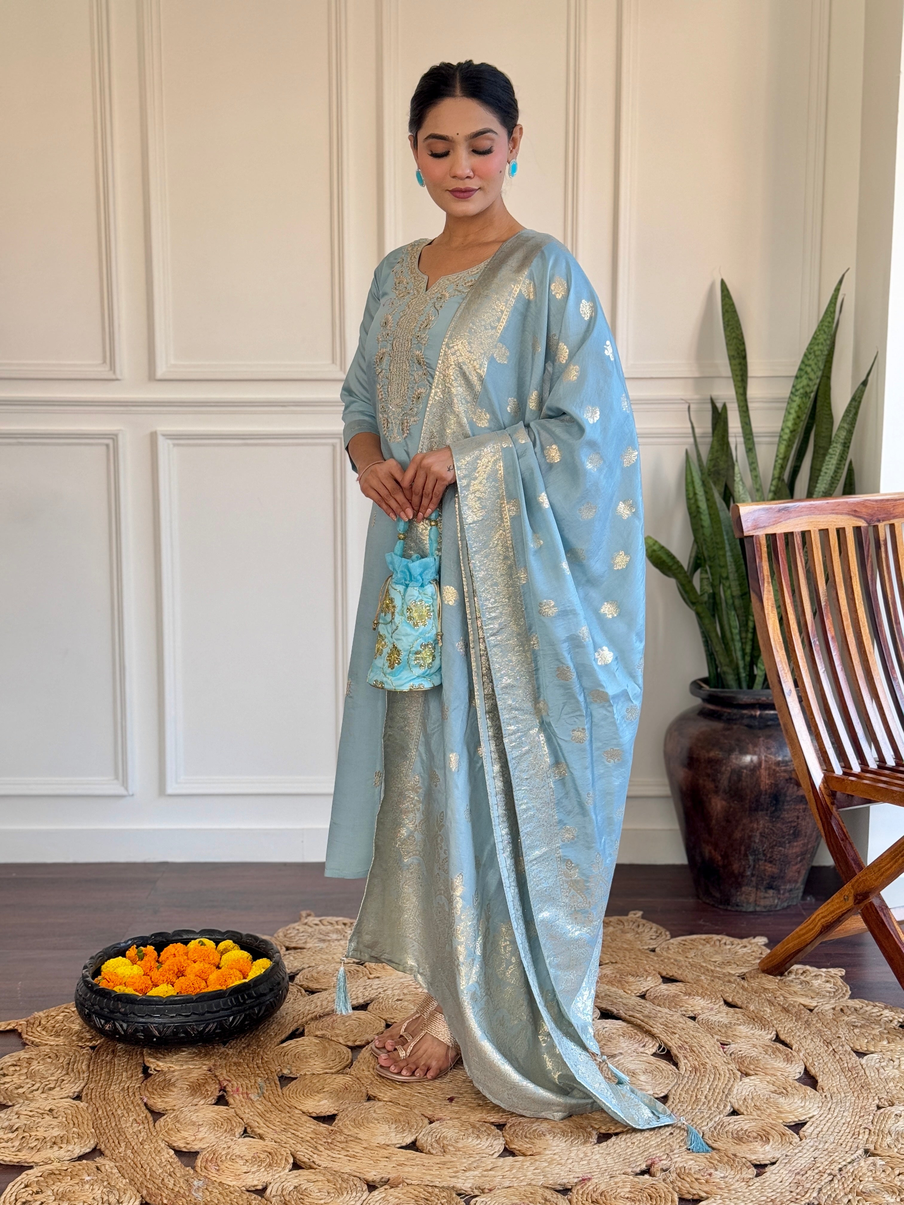 Sky Blue Viscose Chanderi Kurti Set with Jacquard Dupatta