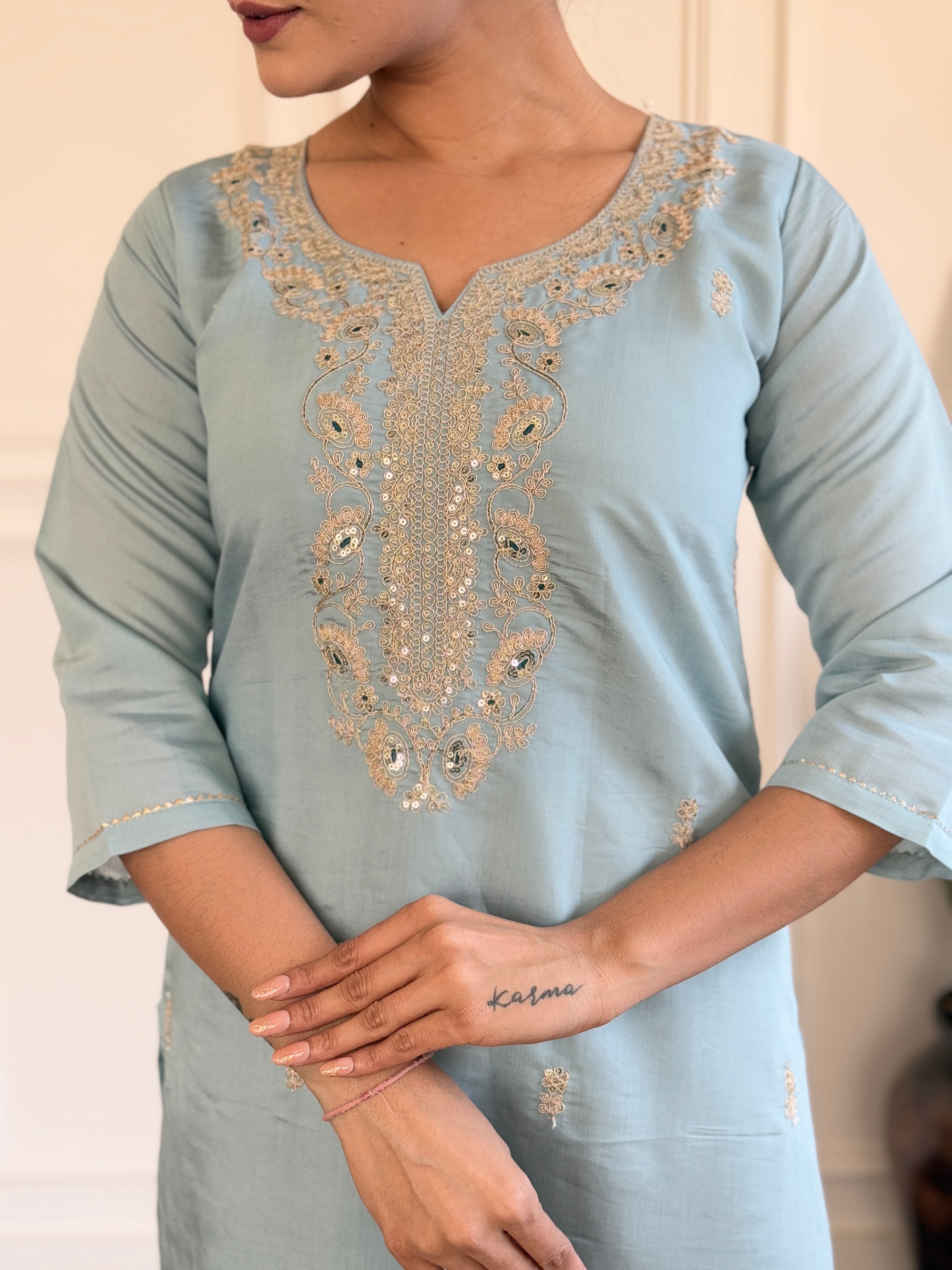 Sky Blue Viscose Chanderi Kurti Set with Jacquard Dupatta