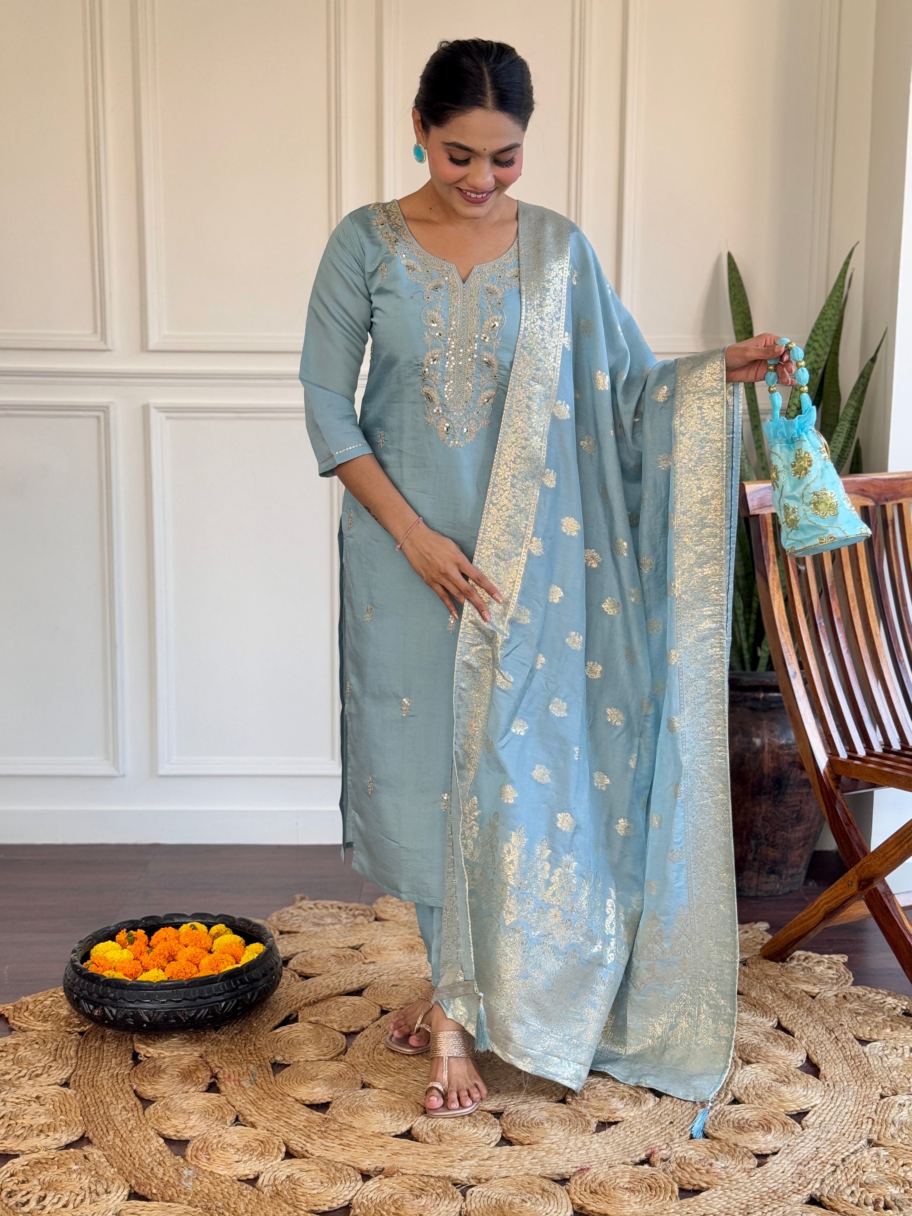 Sky Blue Viscose Chanderi Kurti Set with Jacquard Dupatta