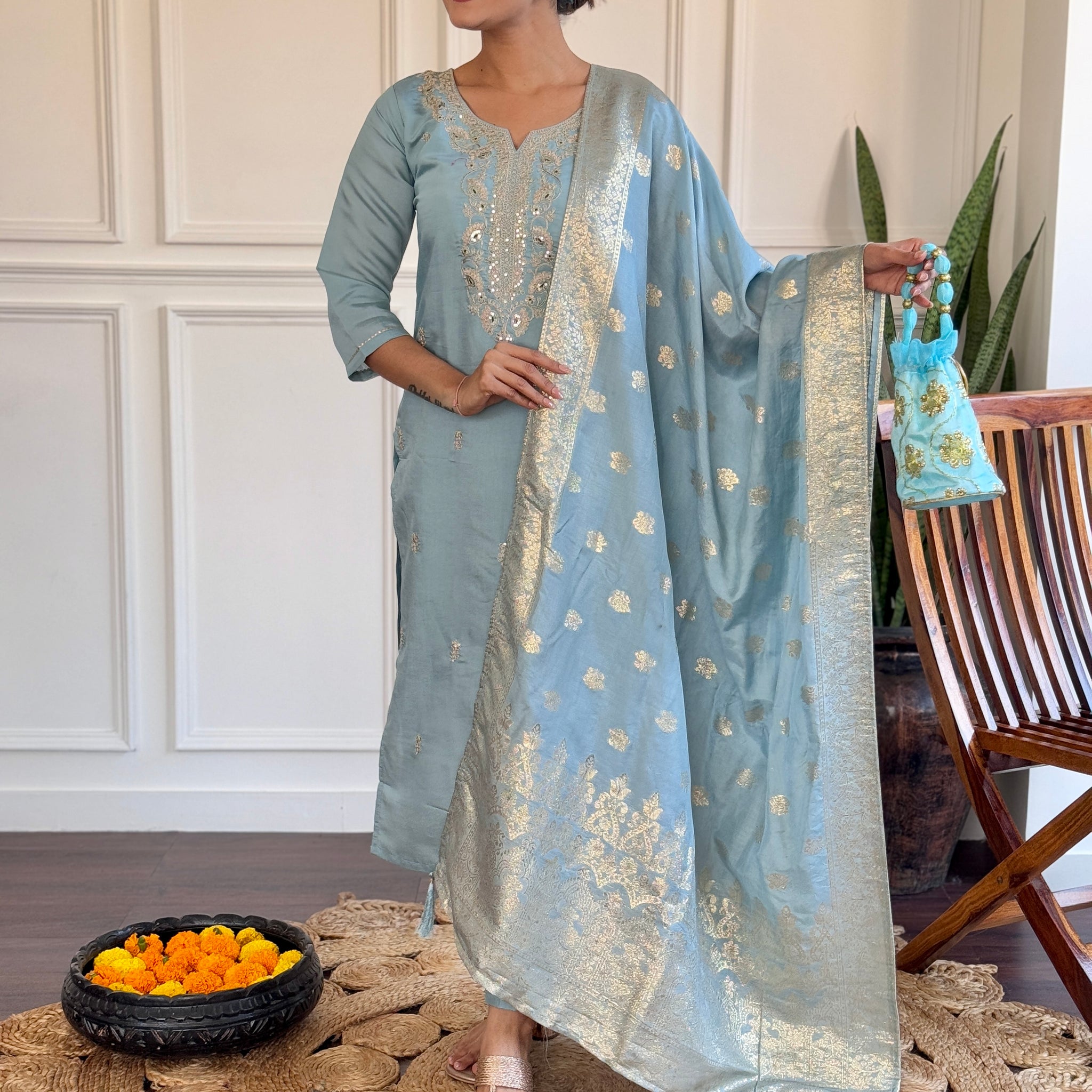 Sky Blue Viscose Chanderi Kurti Set with Jacquard Dupatta