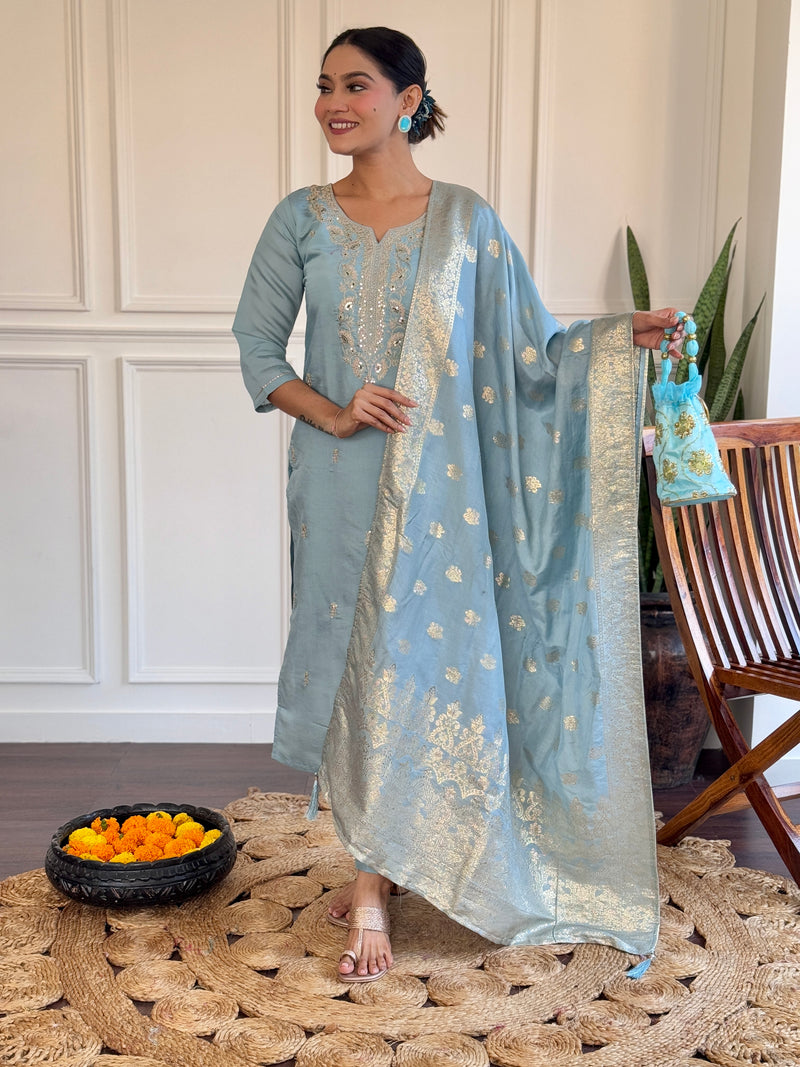 Sky Blue Viscose Chanderi Kurti Set with Jacquard Dupatta