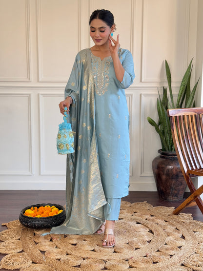 Sky Blue Viscose Chanderi Kurti Set with Jacquard Dupatta