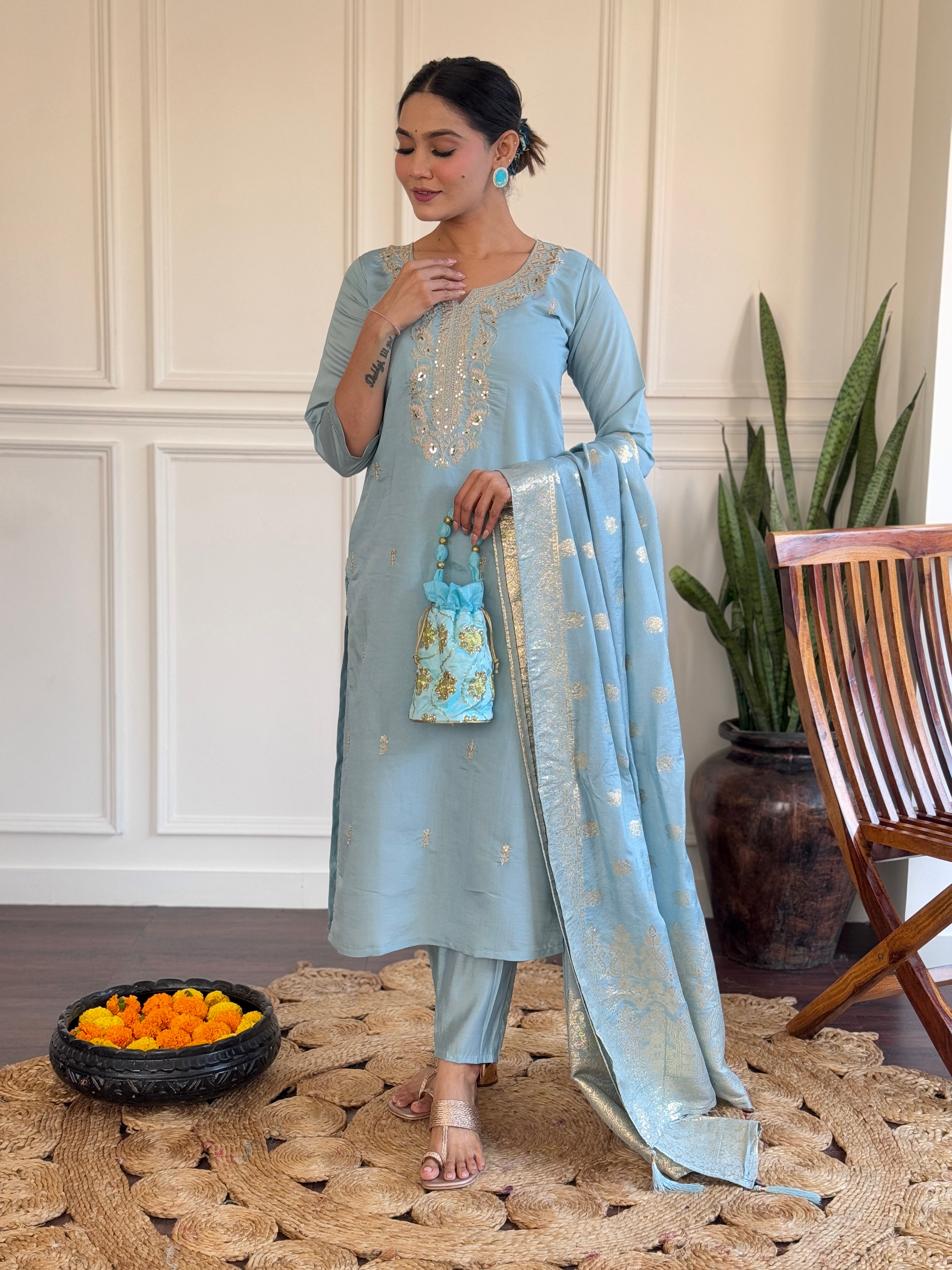 Sky Blue Viscose Chanderi Kurti Set with Jacquard Dupatta