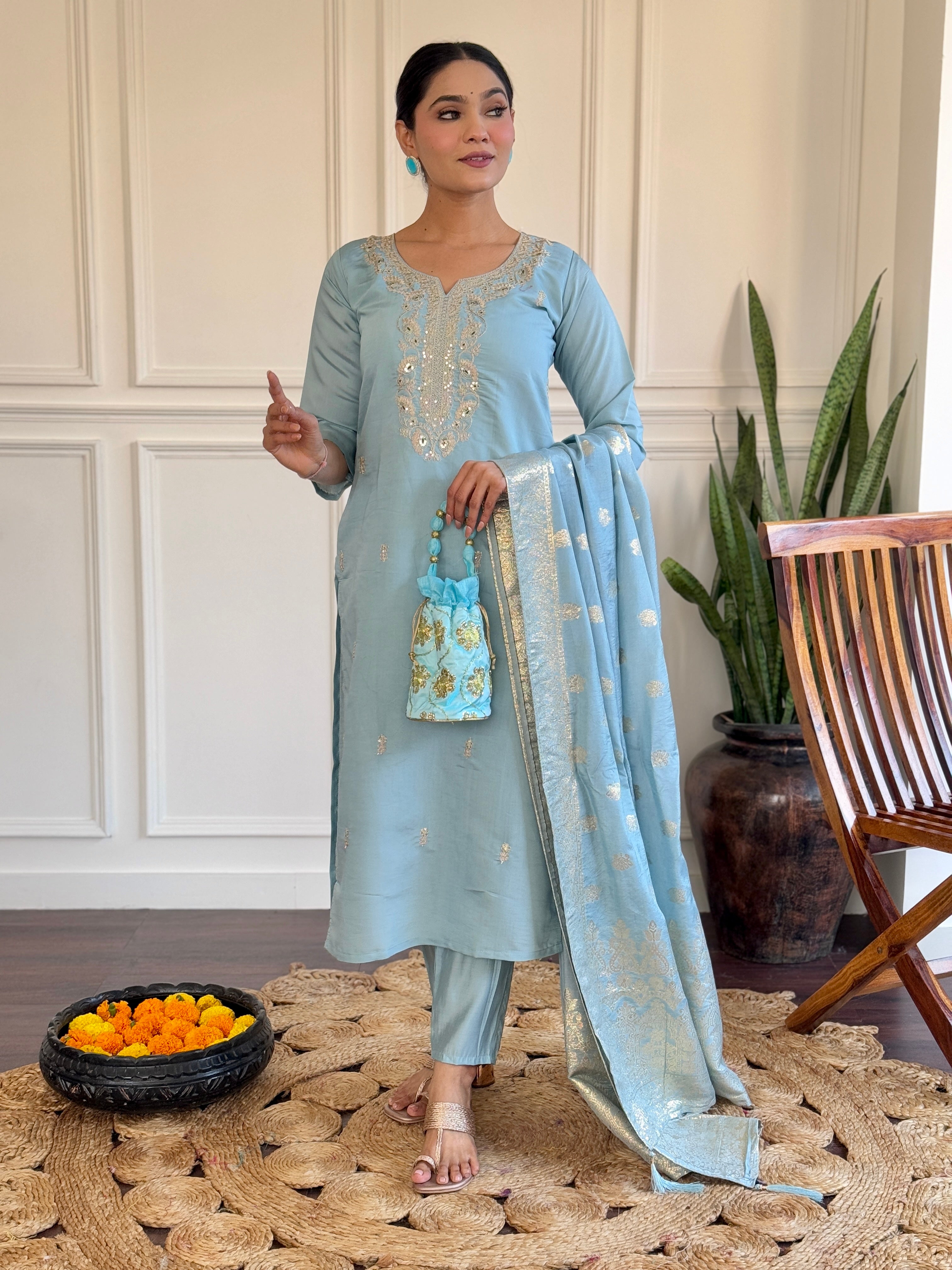 Sky Blue Viscose Chanderi Kurti Set with Jacquard Dupatta
