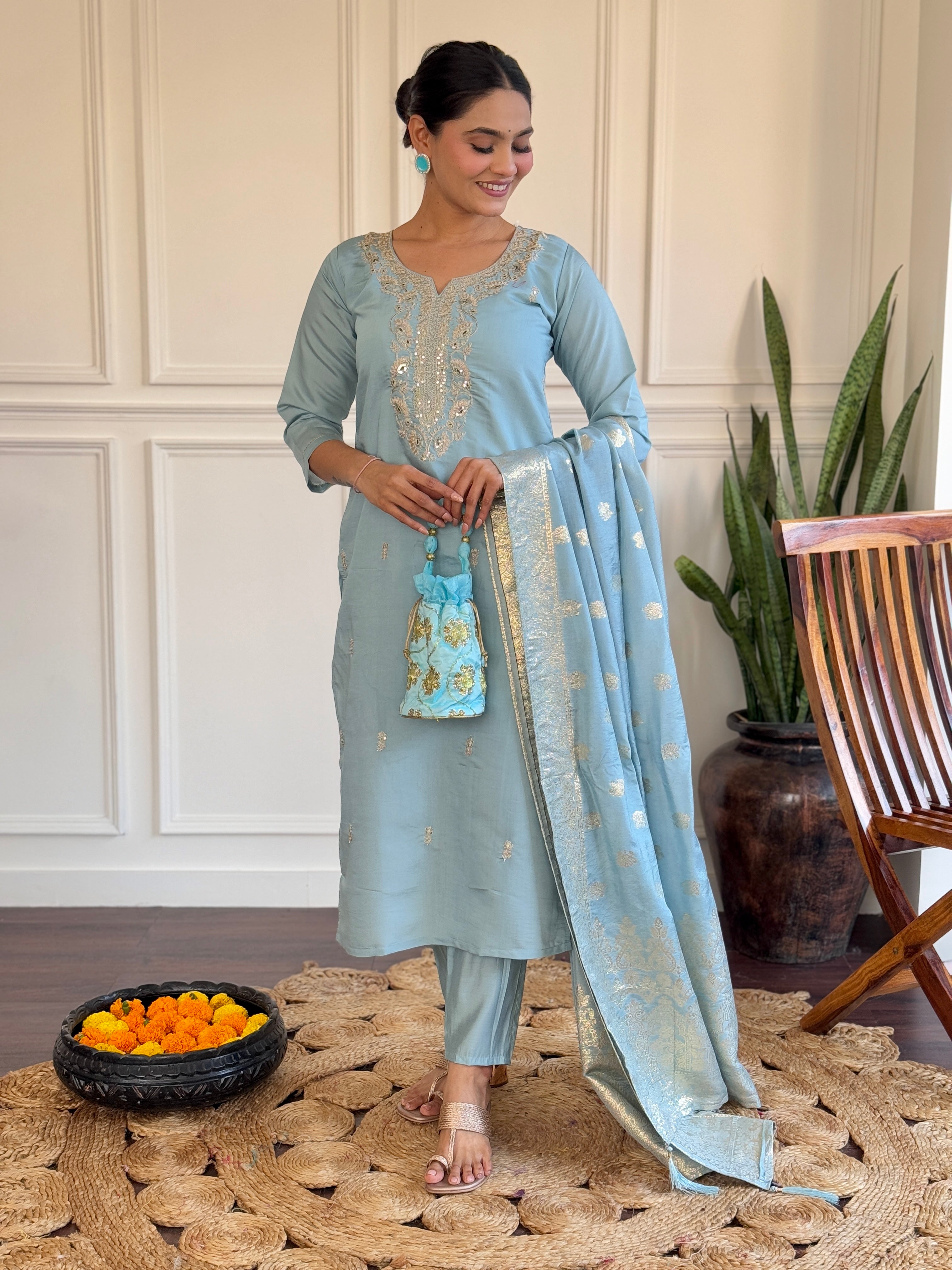 Sky Blue Viscose Chanderi Kurti Set with Jacquard Dupatta
