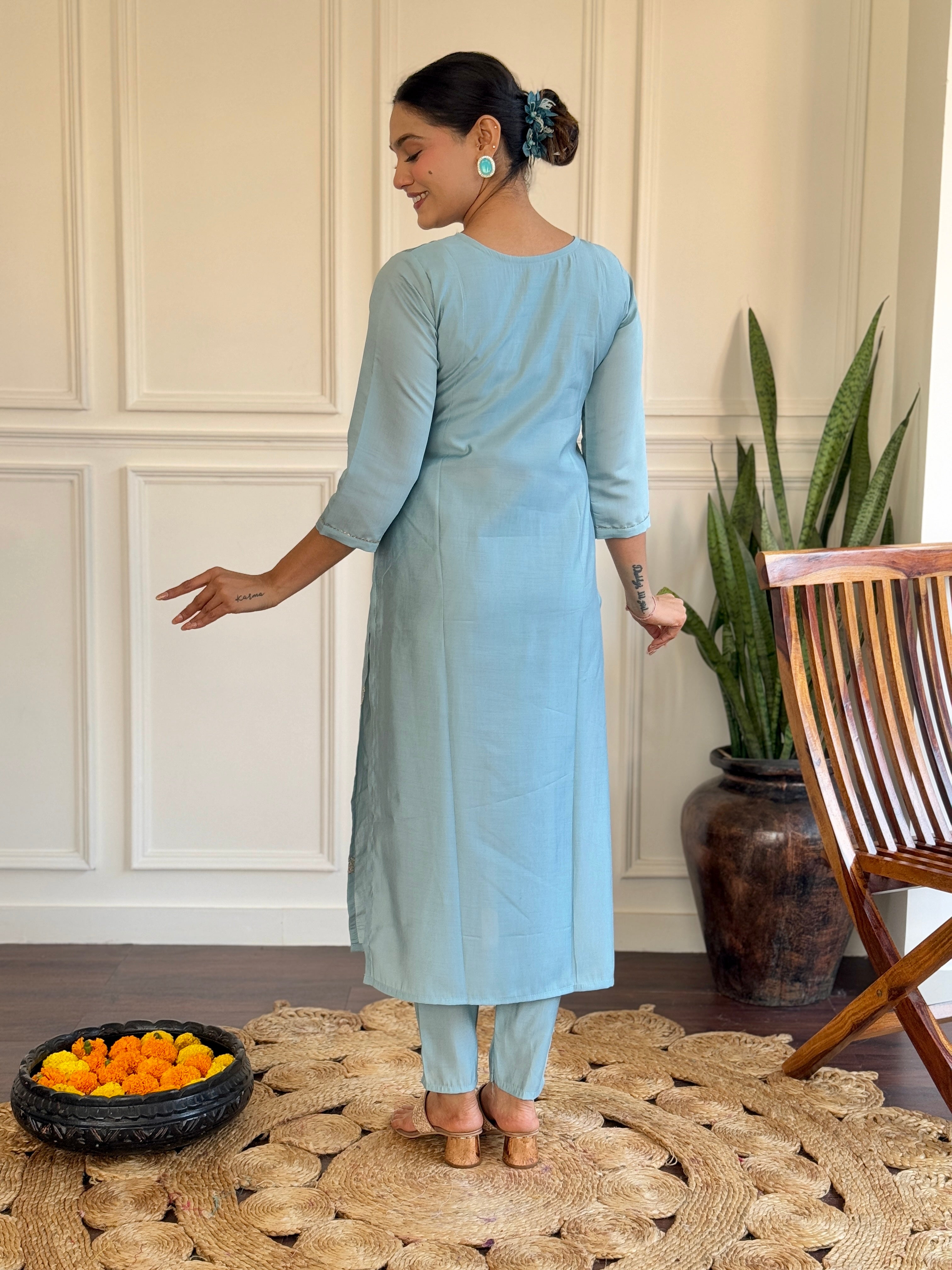 Sky Blue Viscose Chanderi Kurti Set with Jacquard Dupatta