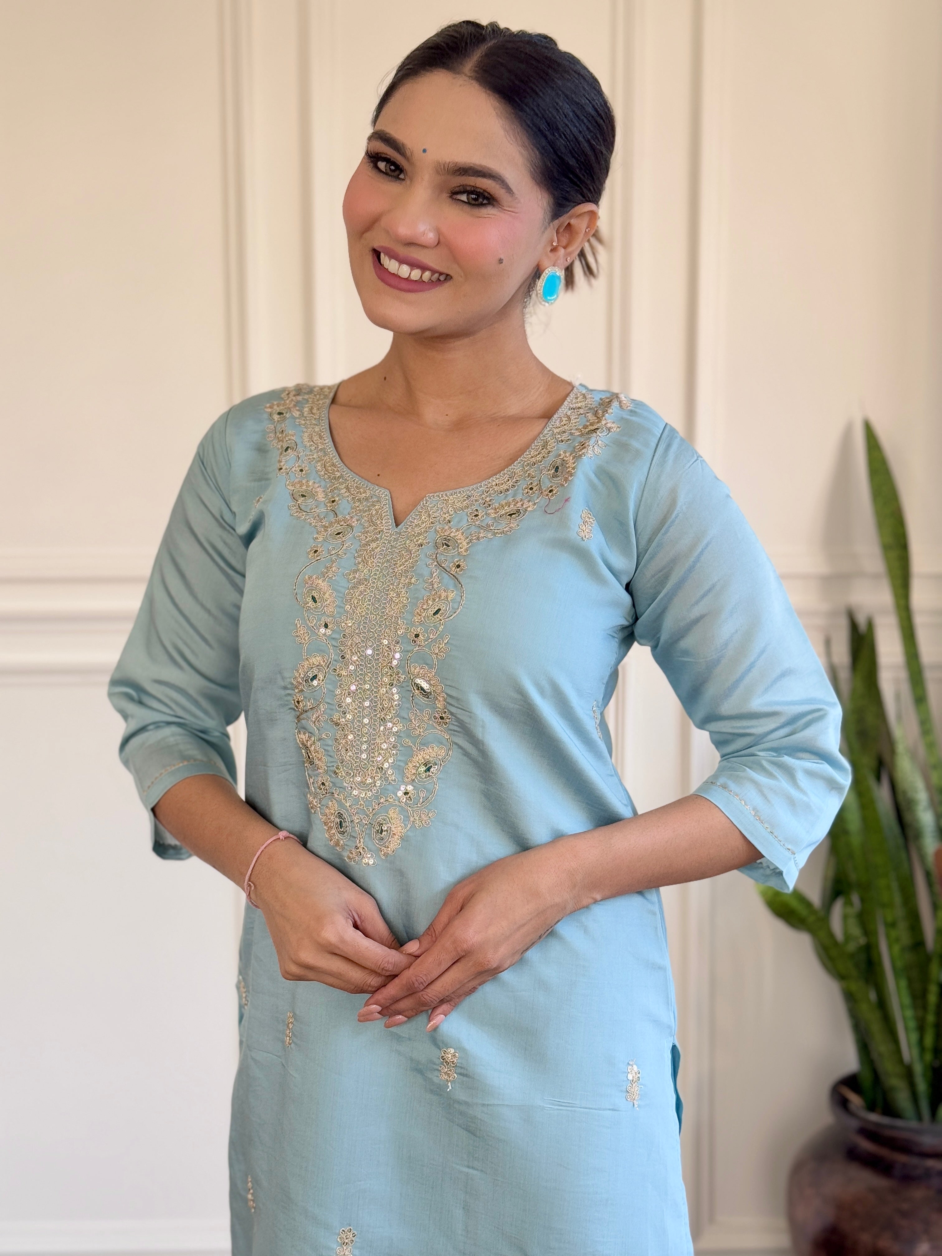 Sky Blue Viscose Chanderi Kurti Set with Jacquard Dupatta