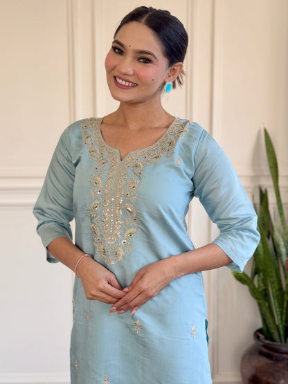 Sky Blue Viscose Chanderi Kurti Set with Jacquard Dupatta