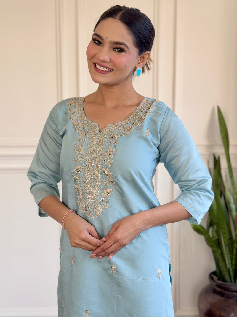 Sky Blue Viscose Chanderi Kurti Set with Jacquard Dupatta