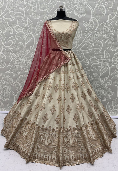 White Pure Soft Heavy Silk Sequins Embroidery Work Bridal Lehenga 