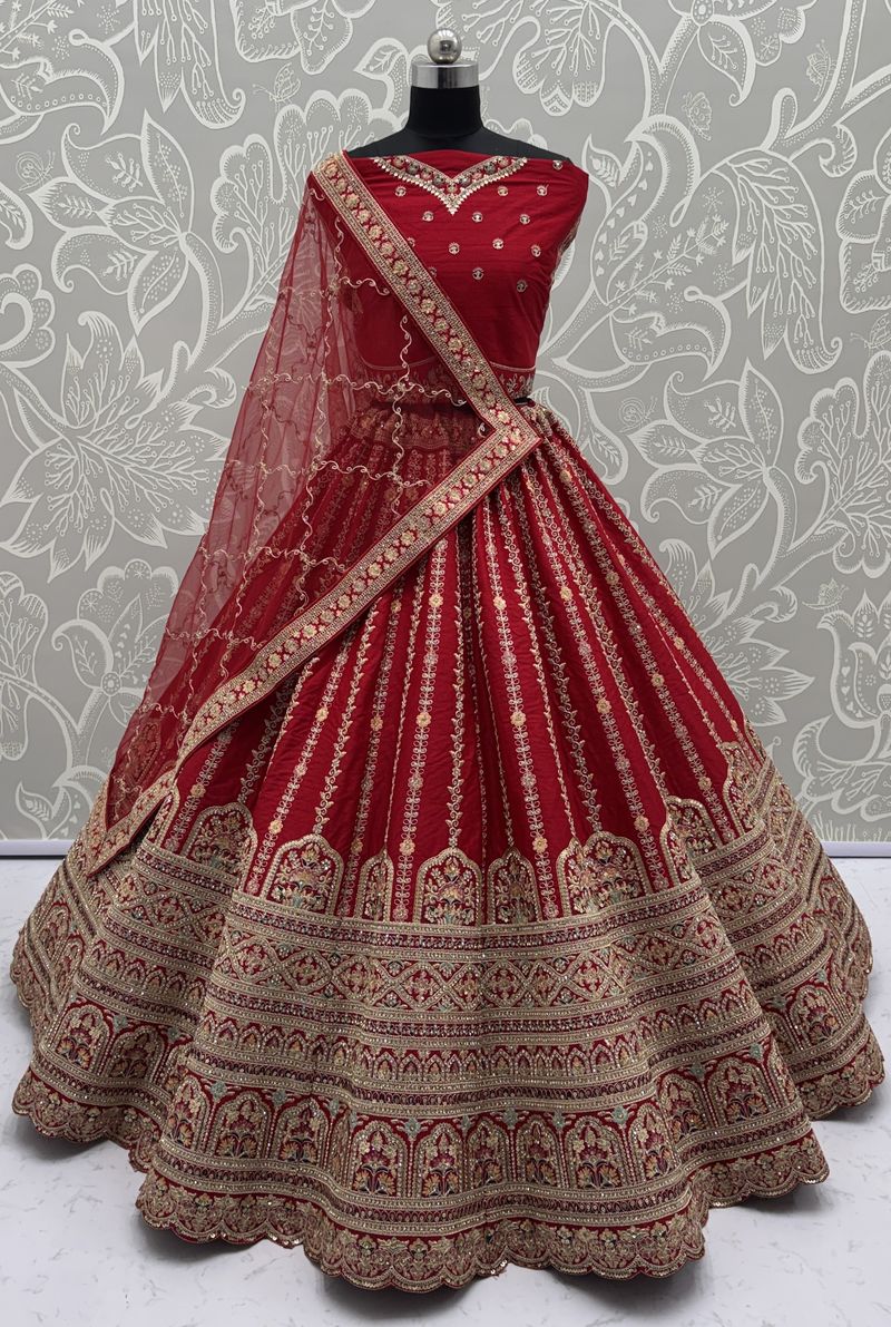 Red Pure Soft Gadhwal Silk Heavy Embroidery Work Bridal Lehenga